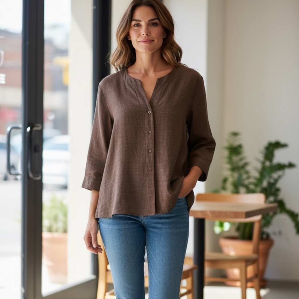 Eileen Fisher Brown Button-Front Relaxed Tunic